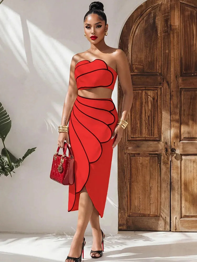 2 Piece Sets Tops And Skirt Elegant Women Sleeveless Sexy Midi Dress Fashion Evening Ladies Street Party Vestidos Summer