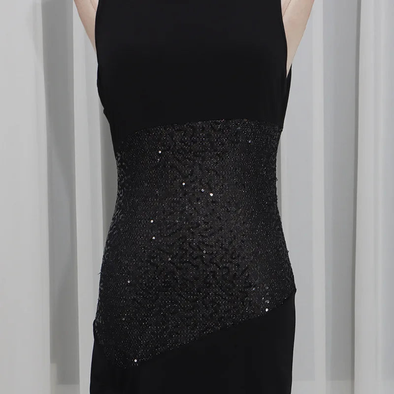 Women Sexy Spicy Girl Party Mini Dress Crew Neck Sleeveless Sequin Patchwork Twisted Knot Bodycon Short Dress Nightclub Banquet