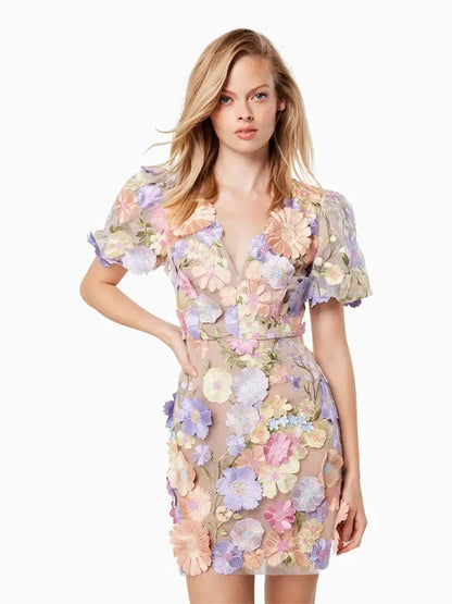 3D Flower Embroidered Lantern Sleeve