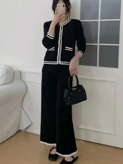 Strick-Cardigan + Hose mit weitem Bein, gestreift, lässig, 3-teiliges Set