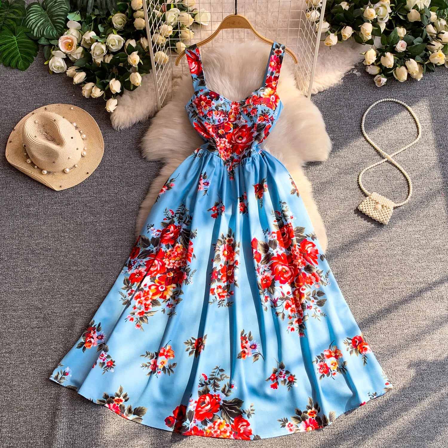 Retro Print Strapless Tube Dress Women's Summer Slimming A-Line Long Dress Court Style with Chest Pad Comfortable Breathable