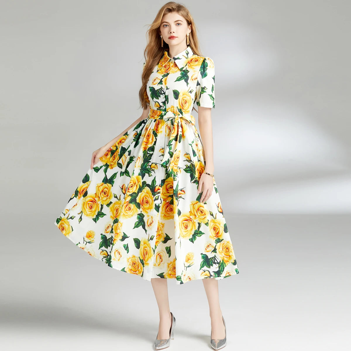 Yellow Rose Print Belted Shirt Dress