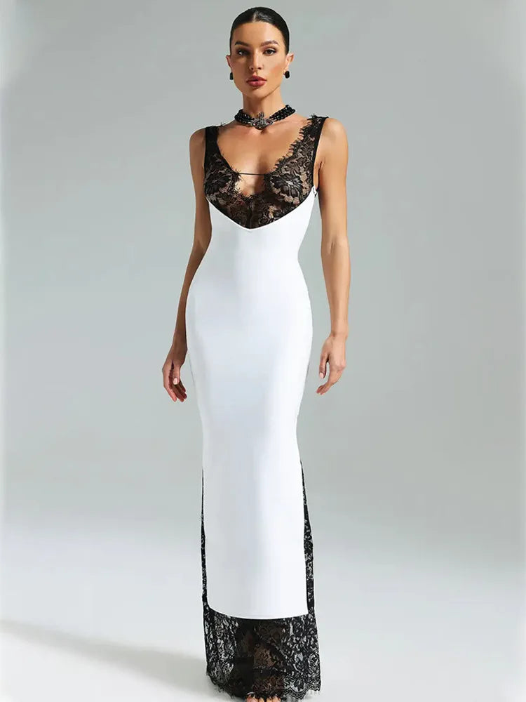 2026 Summer Fashion New Women's Elegant Lace Edge Strap Skirt Satin Splicing Sexy Temperament Bag Hip Split Dress