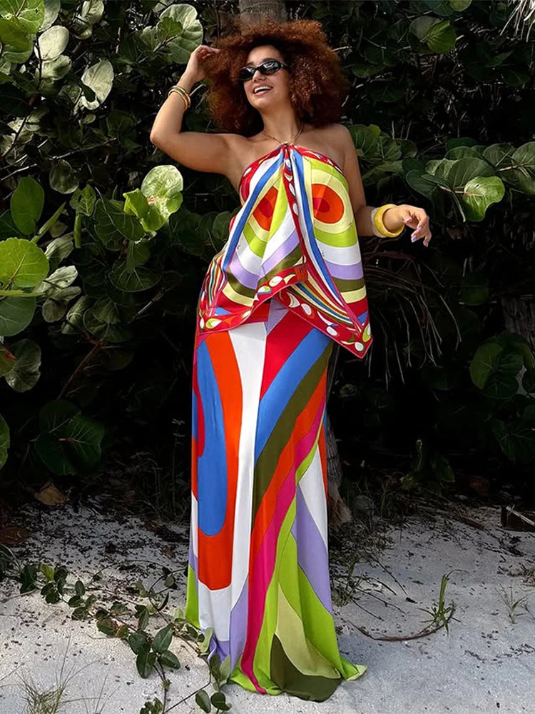 Fashion Printed Halter Vest Skirts Sets Women's Sleeveless Backless Tops Floor-length Skirt 2025 Summe New Beach Vacation suit