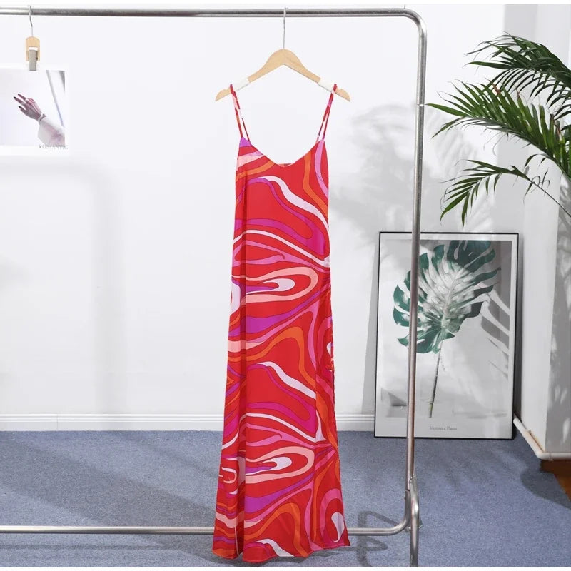 Sexy Printed Sling Long Dress Women Sleeveless Backless High Waist Slim Dresses Female 2026 Summer Beach Vacation Robes Lady