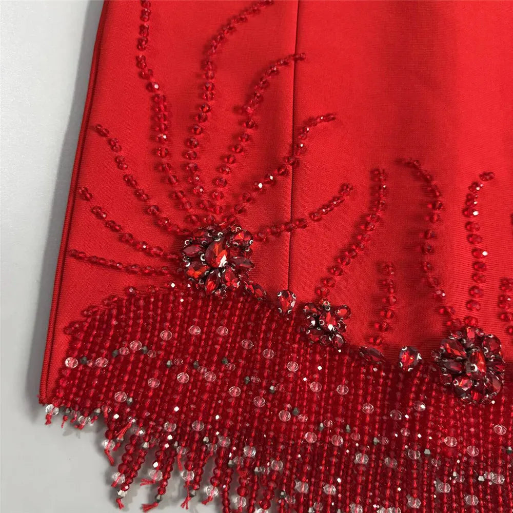 New sexy sleeveless diamond studded mid length dress, beaded tassel bandage dress, dance party dinner dress, short mini skirt