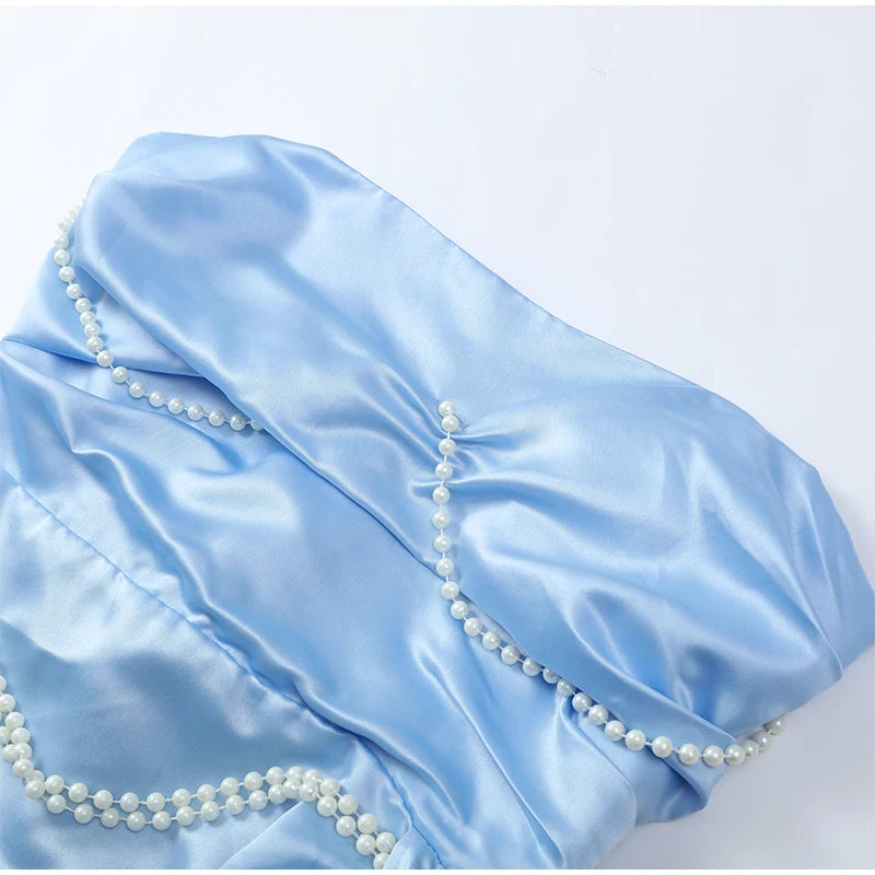 Irregular Shawl Blue Maxi Dress Women's Fashion Turtleneck Slim Fit Pleated Vestidos 2025 New Lady Evening Party Robes Summer - Shellss