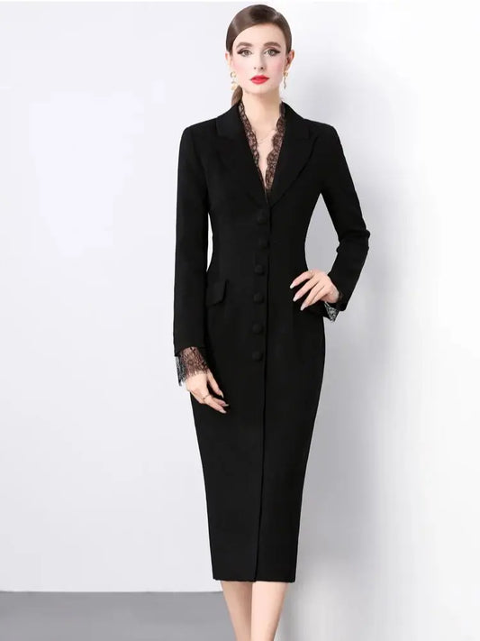 Blazer Dress Women Notched V-Neck Single-Breasted Long