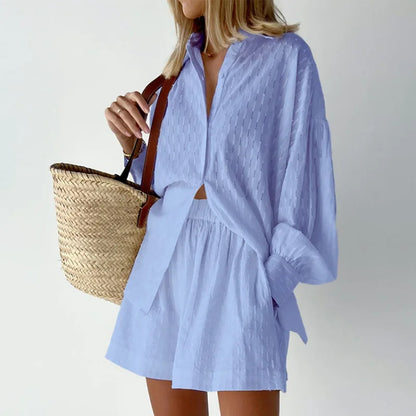 Elegant Jacquard Solid Color Shirt & Shorts Two-Piece Set