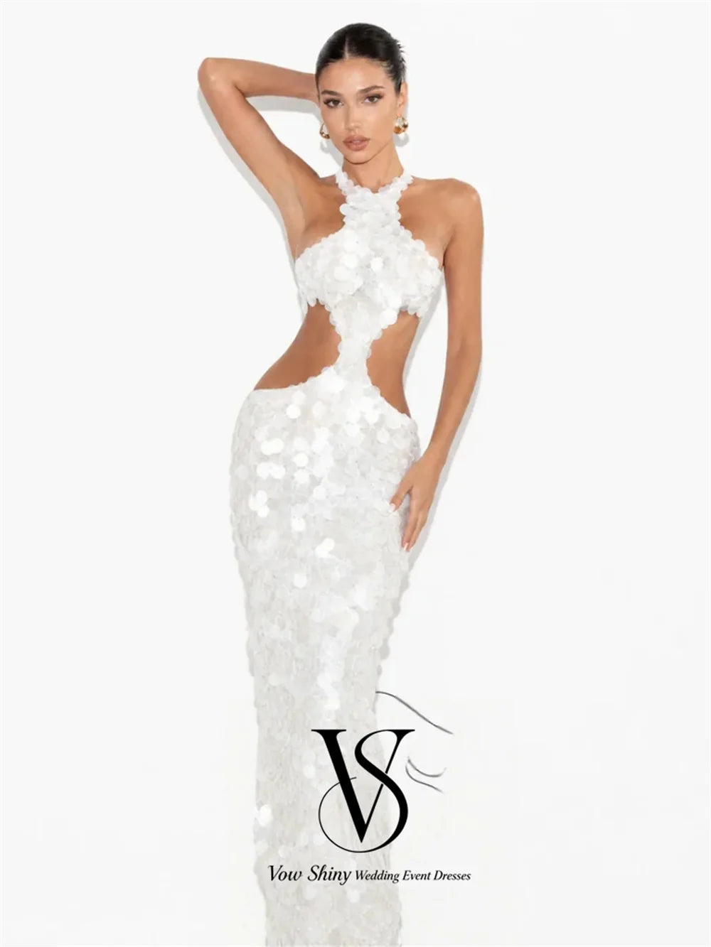 Vow Shiny Glamorous Ivory Sequin Halter Evening Gown Dress Mermaid Sleeveless Cutout Backless Wedding Party Dress Customized