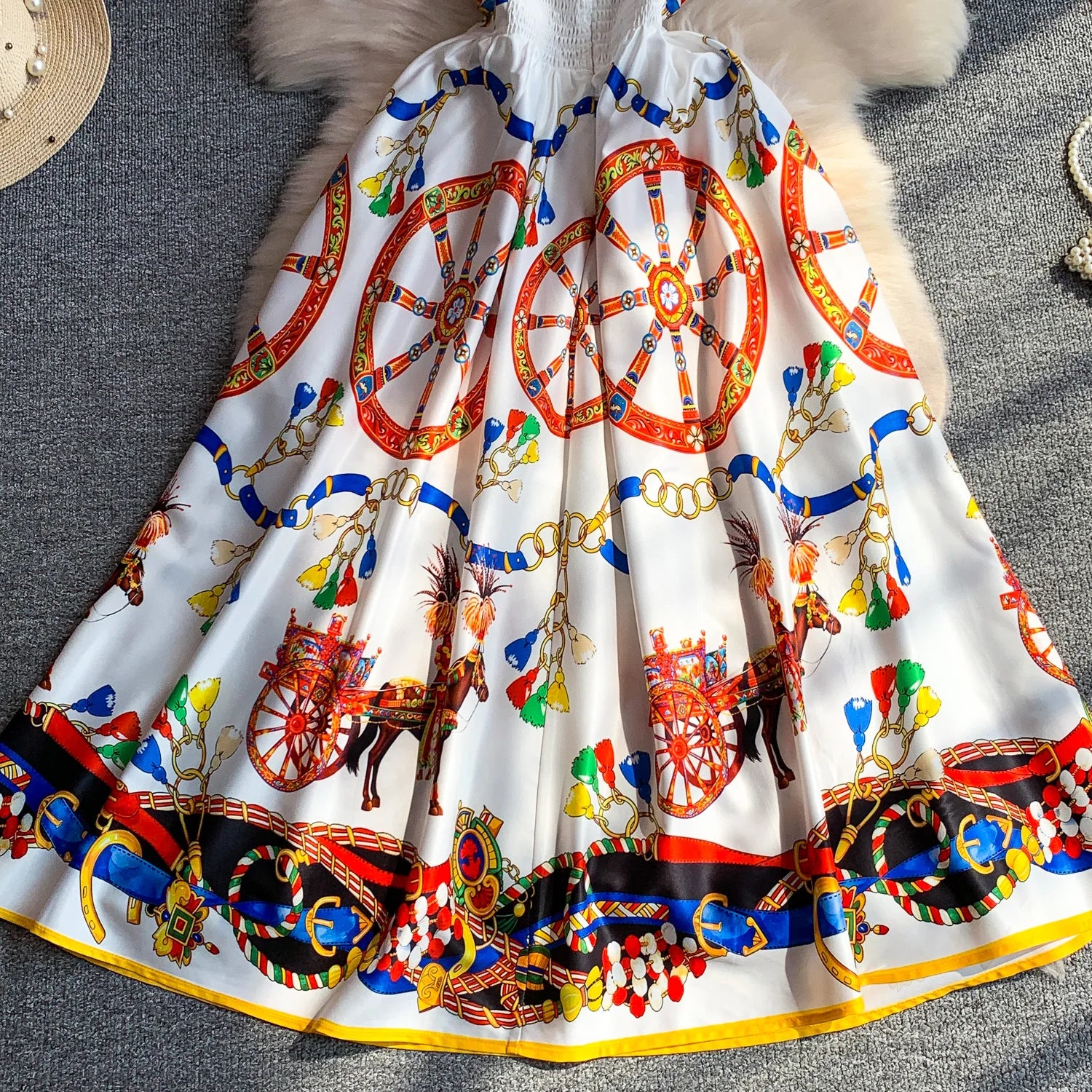 Retro Print Strapless Tube Dress Women's Summer Slimming A-Line Long Dress Court Style with Chest Pad Comfortable Breathable
