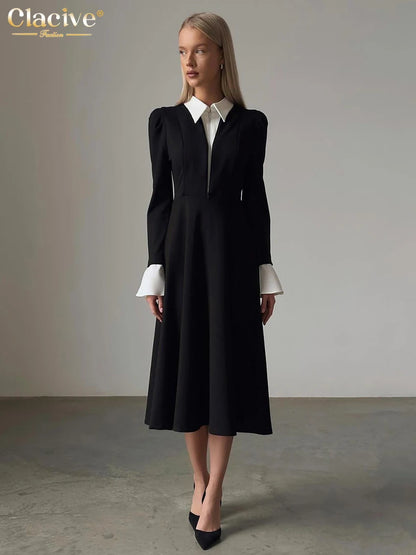 Black Elegant Lapel Long Sleeve Office Midi Dresses