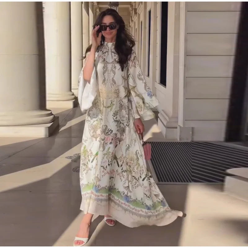 Floral Print Women Dress Button Down Mock Neck Maxi Dresses Long Lantern Sleeve A-Line Waist Belt Flared Hem Elegant Streetwear - Shellss