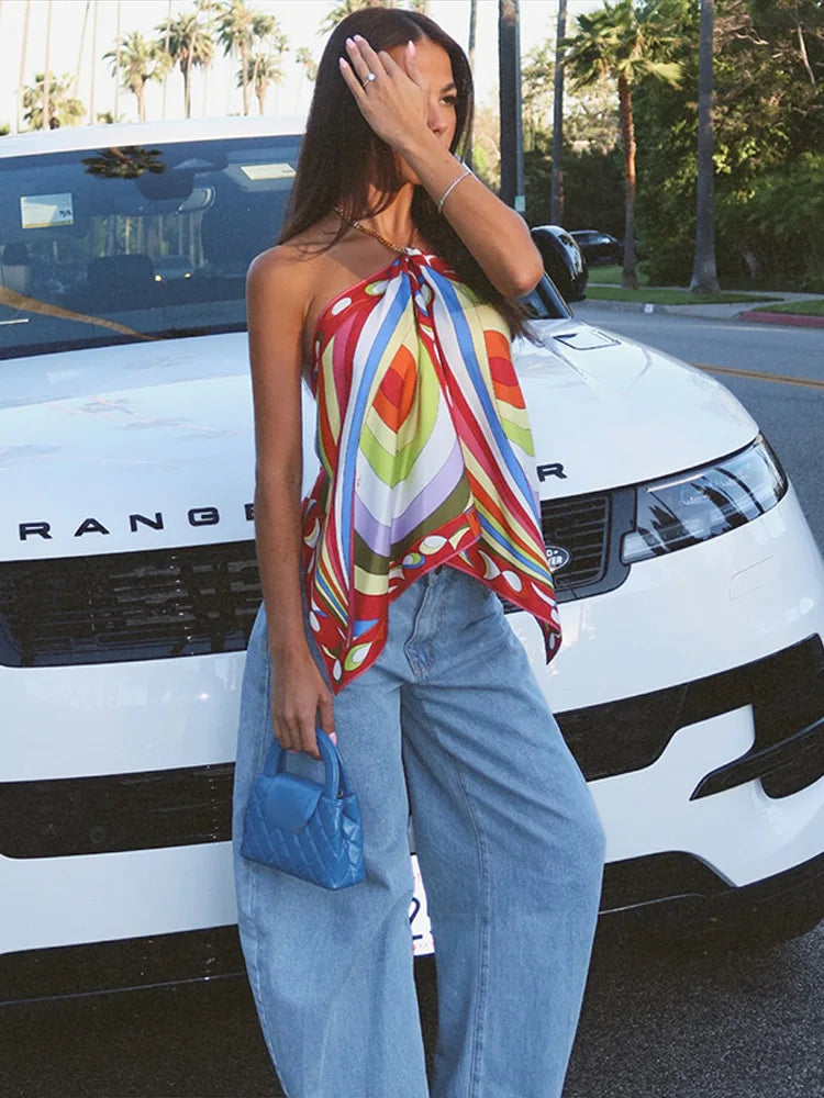 Fashion Printed Halter Vest Skirts Sets Women's Sleeveless Backless Tops Floor-length Skirt 2025 Summe New Beach Vacation suit