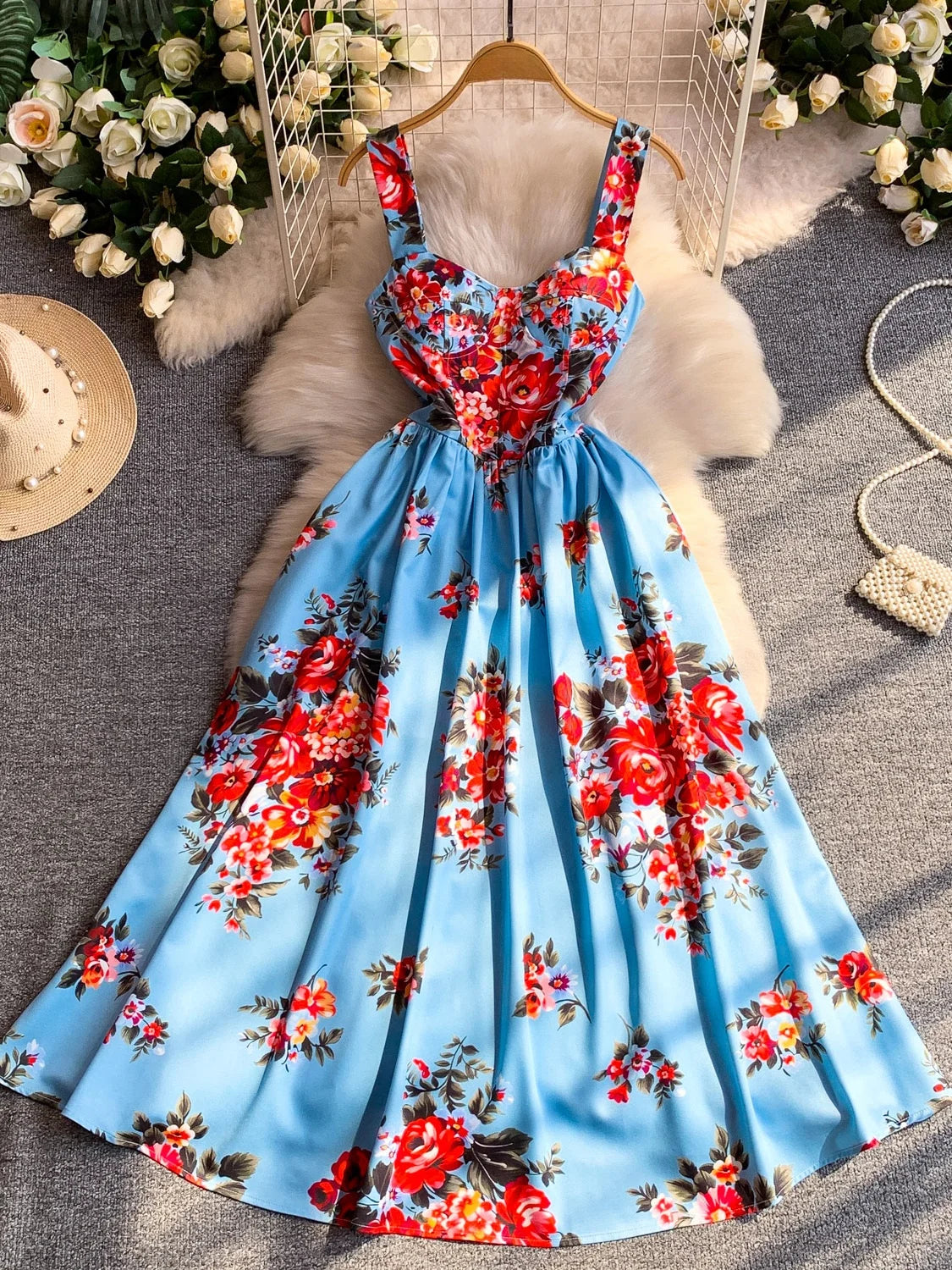 Retro Print Strapless Tube Dress Women's Summer Slimming A-Line Long Dress Court Style with Chest Pad Comfortable Breathable