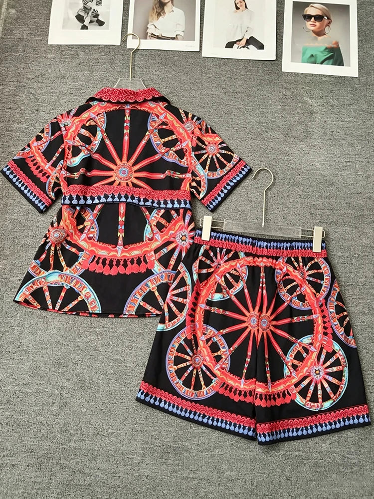 Elegant Retro Wheel Print Two-Piece Suit for Women Short Sleeve Lapel Lace-Up Shirt with Elastic Waist Shorts Summer Fashion - Shellss