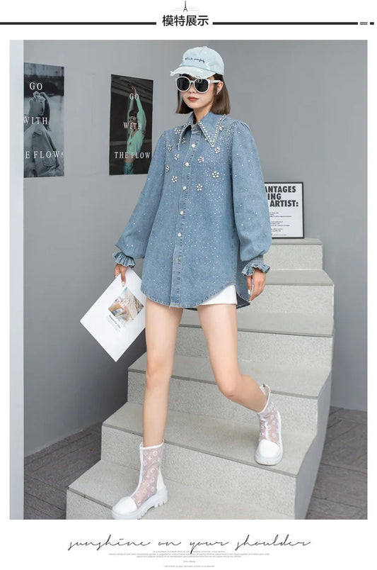 Chic Diamonds Beaded Denim shirt