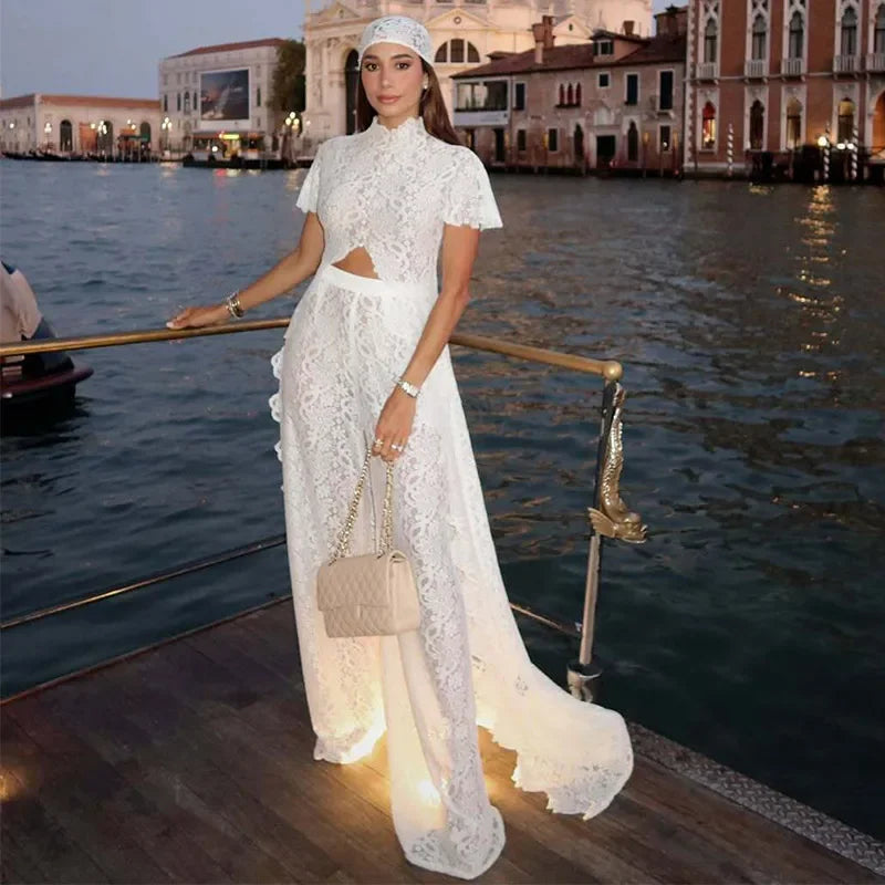 Casual Lace Long Coats Pant Set Women Solid See Through Tops Long Straight Pants Sets Female 2026 Spring Summer Lady Suits