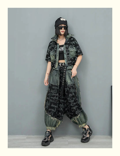 Letter Printed Denim Jacket + Lantern Pants 2 piece set