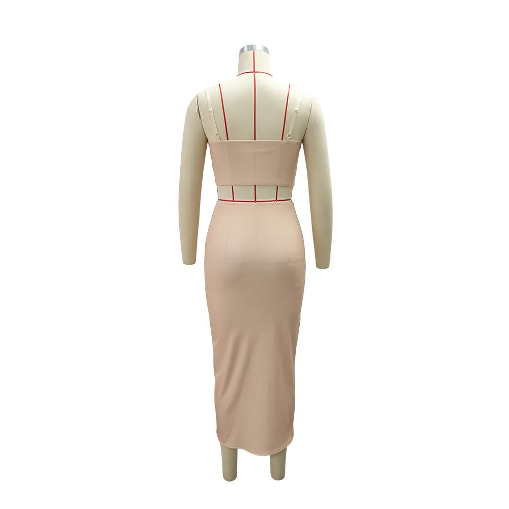 2 Piece Sets Tops And Skirt Elegant Women Sleeveless Sexy Midi Dress Fashion Evening Ladies Street Party Vestidos Summer