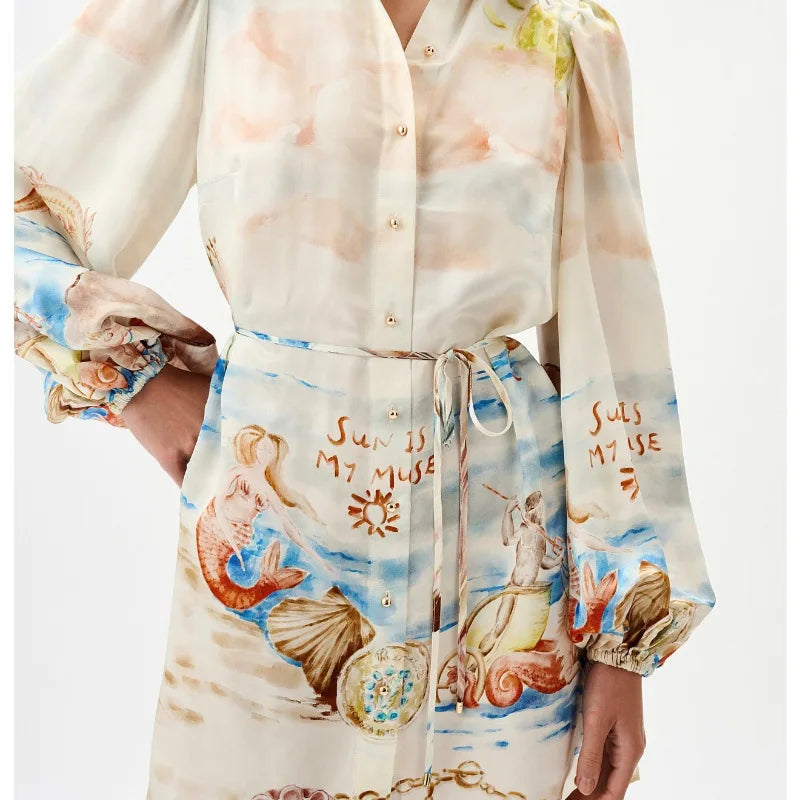 Fashionable Digital Printing Long Sleeve Turn-down Collar Short Dress Women's Clothing New Arrival Elegant Commute Style A-li...