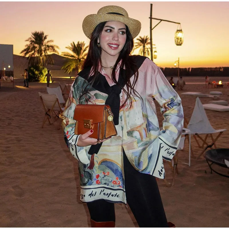 Fashion Printed 2 Piece Set Loose Lapel Button Long Sleeved Shirt Elastic Waist Shorts Suit 2025 Summer Autumn Beach Lady Set
