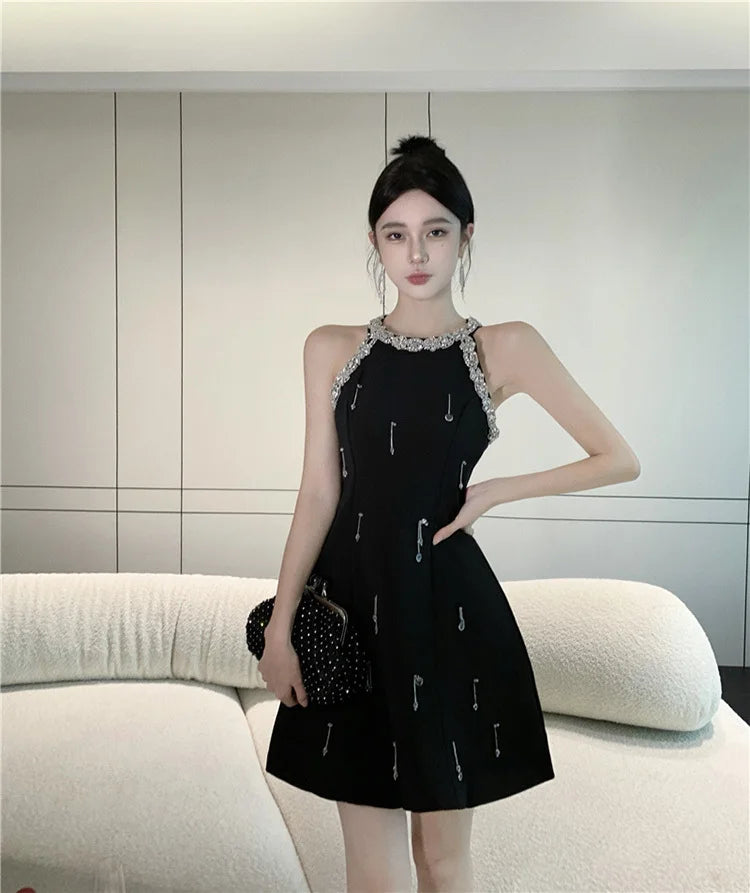 High Quality French Luxury Diamonds Beading Party Dresses For Women 2023 Summer New Elegant Fashion Sleeveless Sexy Dress Robes