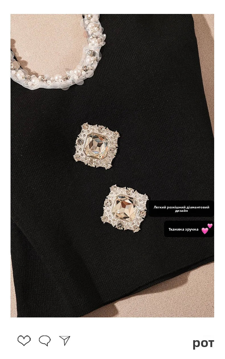 Heavy-Embroidered Diamond Backless Hanging Neck  Strap Vest Women Summer Slim Fit Short Spicy Sleeveless Black Top Women