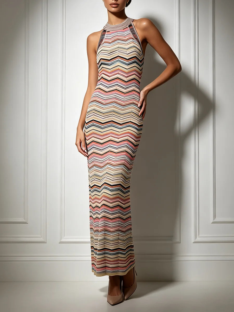 VGH Chic Multicolor Chevron Striped Knit Maxi Dress for Women Halter Sleeveless High Neck Keyhole Back Button Closure Bodycon