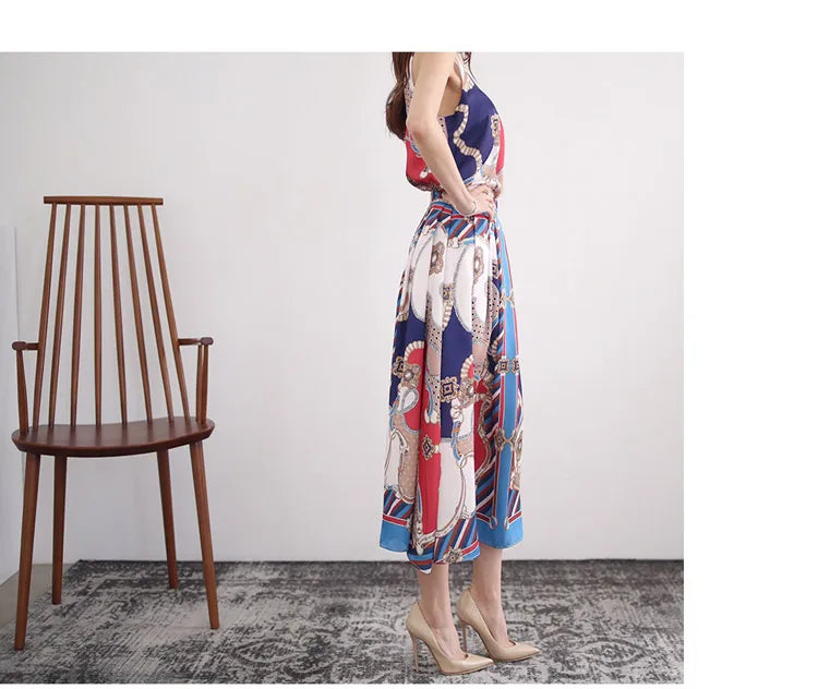 H Han Queen Hot Sale Summer Women Print Work 2 Pieces Set Camisole Top Blouses + Vintage A-Line Skirt Korean Simple Skirt Suit