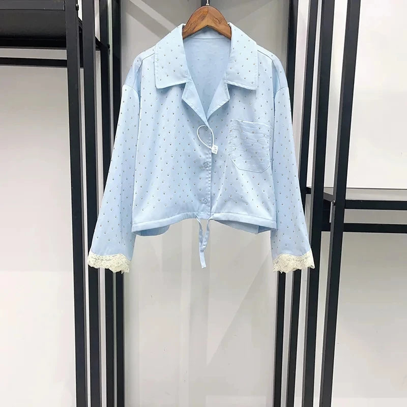 Rhinestone Decoration Women's Lace Trim Short Shirt Waist Drawstring Blouse Top or Lace-Up Waist Elastic Shorts for Summer New - Shellss