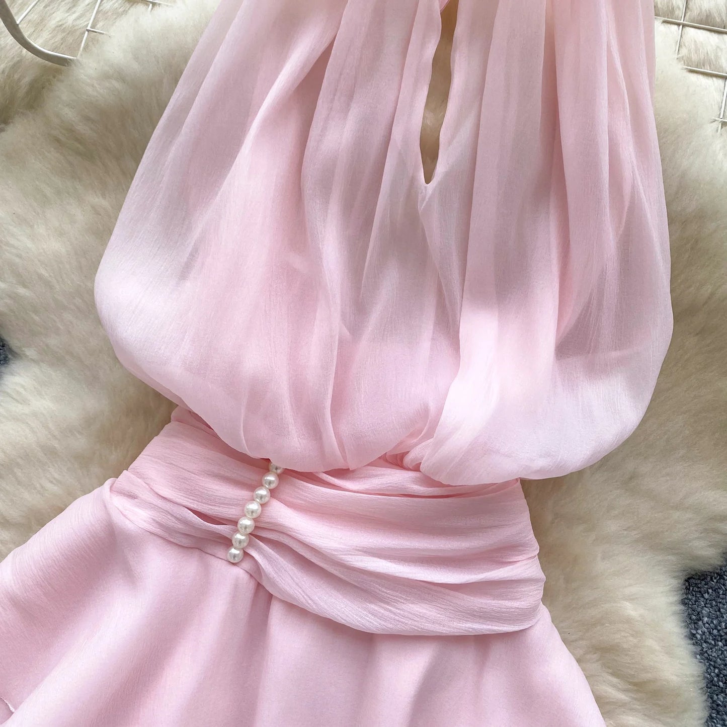 Chiffon Pearl Halter Mini Dress