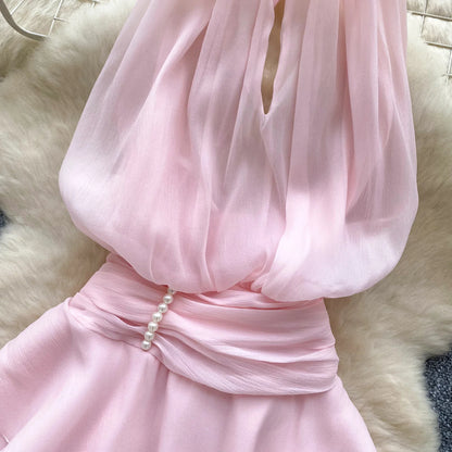 Chiffon Pearl Halter Mini Dress