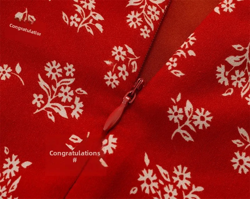 French Vintage Red Floral Print Dress
