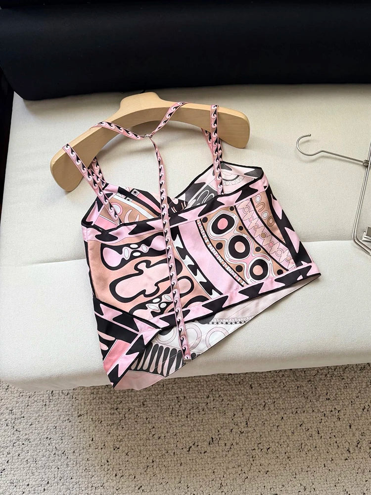 Summer Fashion Outdoors Tourism Geometric Print Asymmetrical Tops Women's Sexy Spaghetti Strap Strapless High Waist Slim Top