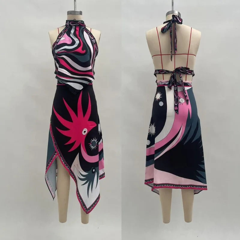 Irregular Satin Print Suit Women Halter Neck Lace Up Tank Top Midi Skirt 2 Pieces Set 2026 New Lady Summer Casual Vacation Wear