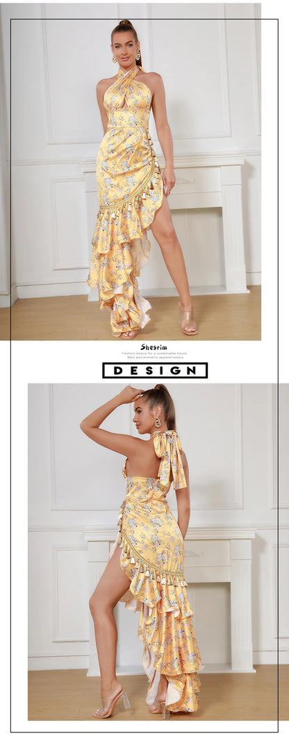 Beautiful Yellow Neck Fringe Floral Skirt Sexy Sleeveless Dress