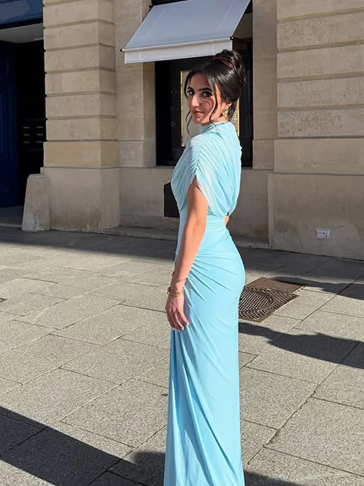 Irregular Shawl Blue Maxi Dress Women's Fashion Turtleneck Slim Fit Pleated Vestidos 2025 New Lady Evening Party Robes Summer - Shellss