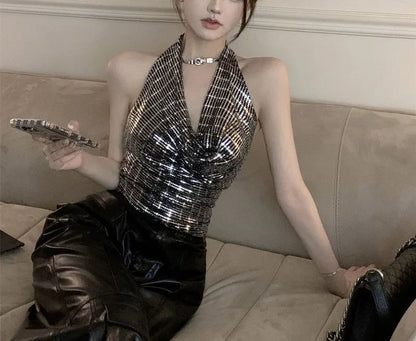 Shiny Sequin Halter Neck Crop Top Sparkly