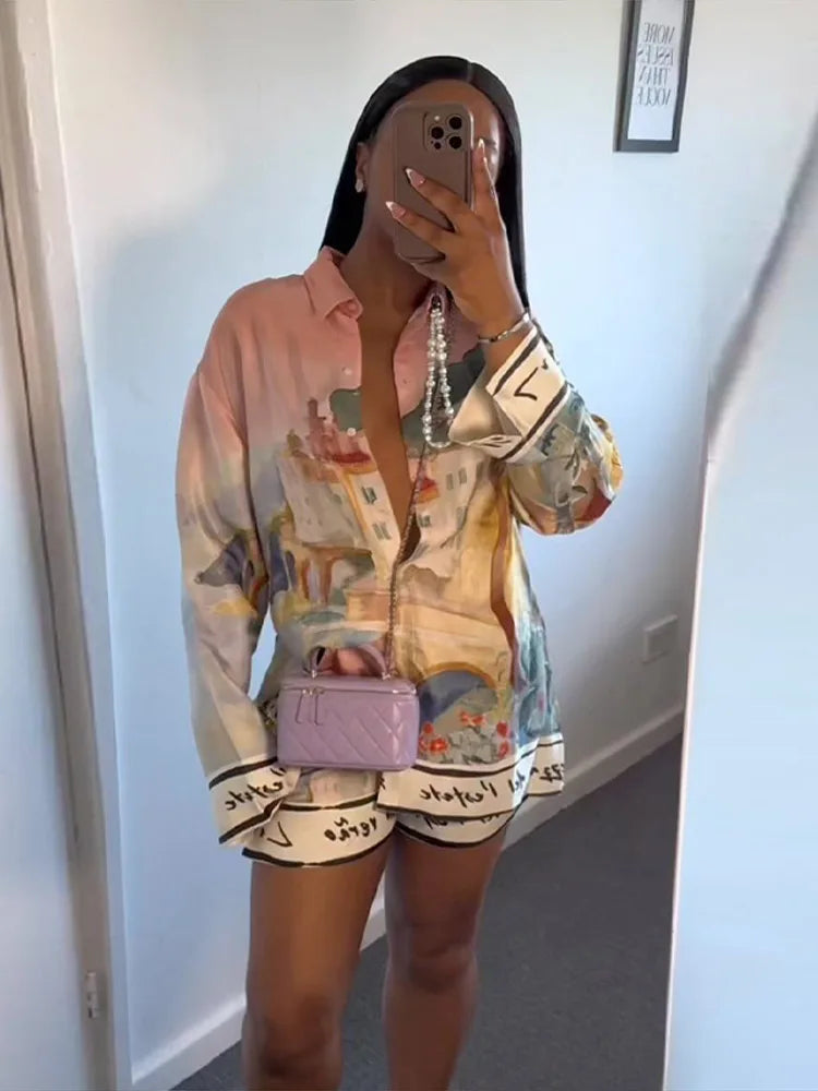 Fashion Printed 2 Piece Set Loose Lapel Button Long Sleeved Shirt Elastic Waist Shorts Suit 2025 Summer Autumn Beach Lady Set