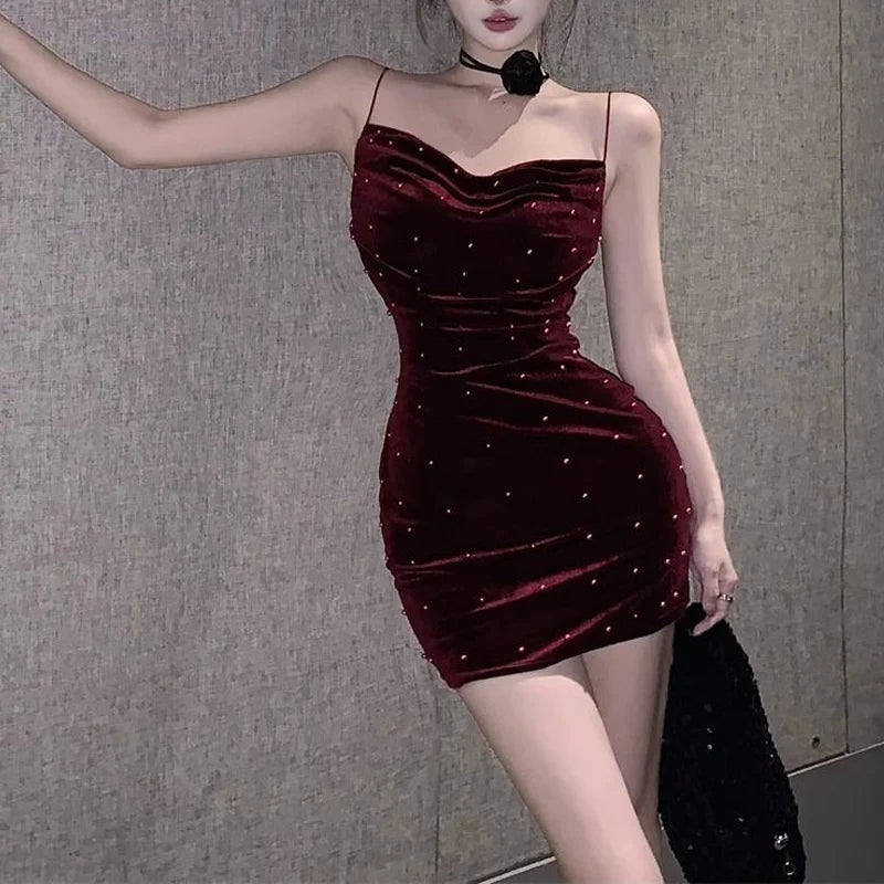 Spring Autumn Solid Color Fashion Slip Dress Women High Street Sexy Slim Pleated Package Hip Dress Embroidered Flares Vestidos