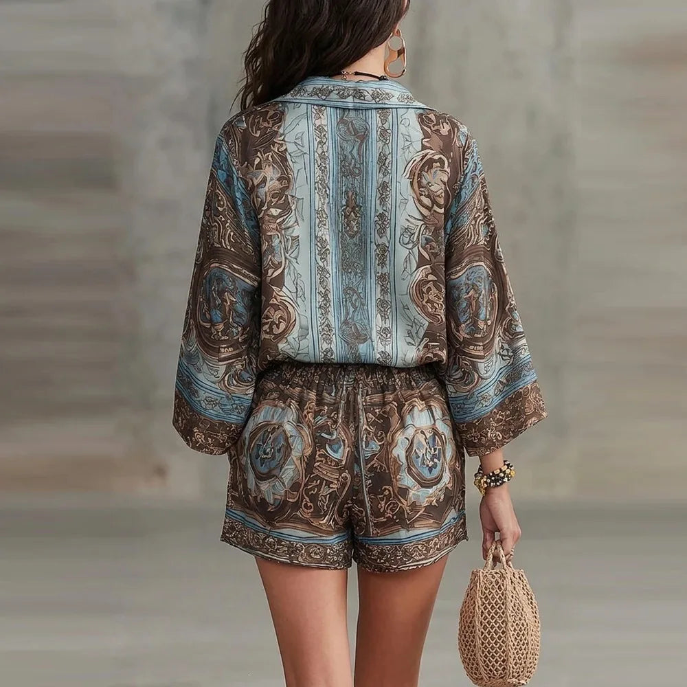 Floral Print Long Sleeve Shirt Shorts Set Women's High Waist Short Pants Outfit Casual Sportswear Two-Piece Set Polyester Fabric - Shellss