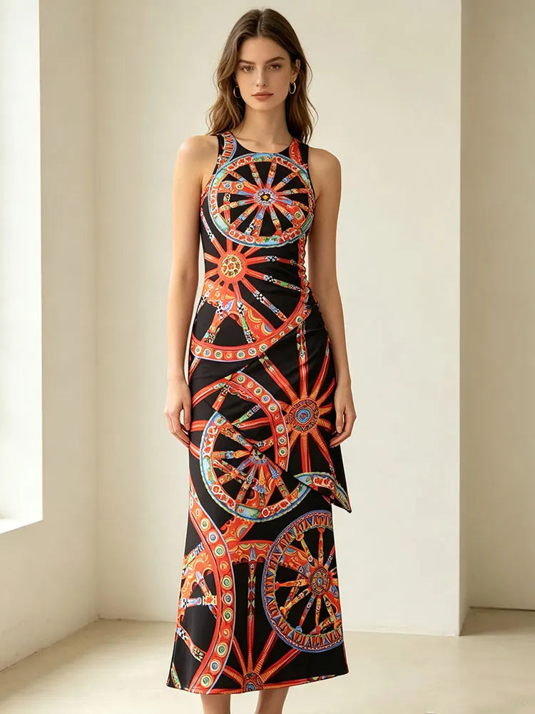 Fashion women's new round neck sleeveless dress colorful wheel print slim irregular temperament dress elegant holiday party dres - Shellss