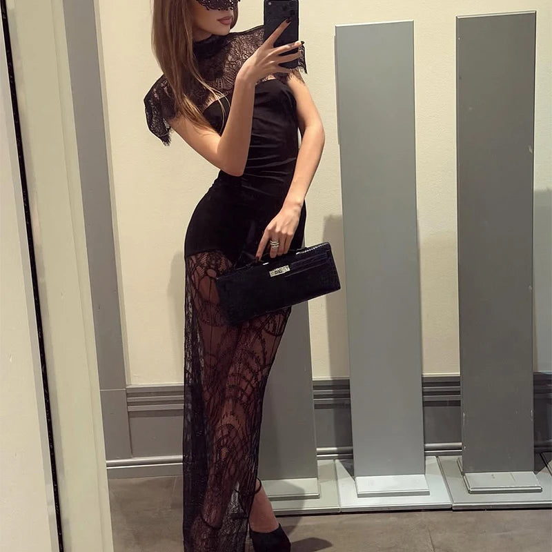 Black Lace Patchwork Strapless Dress Women Sexy Cape Shawl Waist Cinching Slim Mini Dresses Lady Evening Club Party Gowns 2026 - Shellss