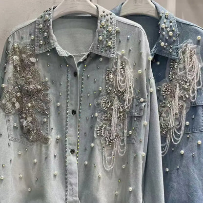 Crystal tassel embellished Denim Shirts