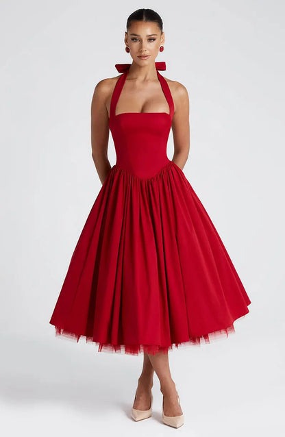 Red Midi Mesh Back Bandage Halter