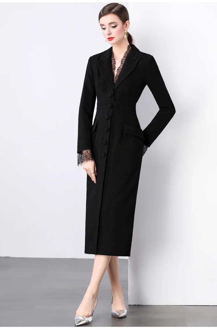 Blazer Dress Women Notched V-Neck Single-Breasted Long