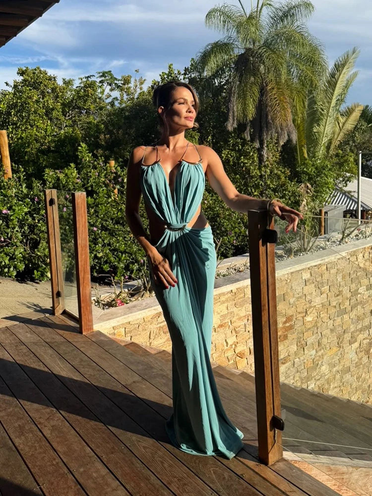 Sexy Women Dress Hollow Sleeveless Deep V Neck Big Backless Hip Package Long Dresses Elegant Summer New Beach Holiday Robes Lady