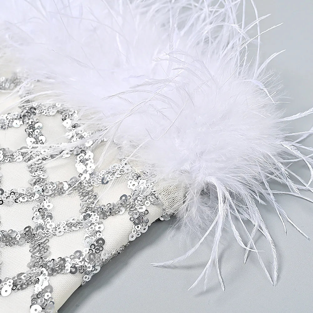 2026 Women Summer Celebrity New Strapless Feather Sequins White Midi Bodycon Dress Elegant Evening Club Party Dress
