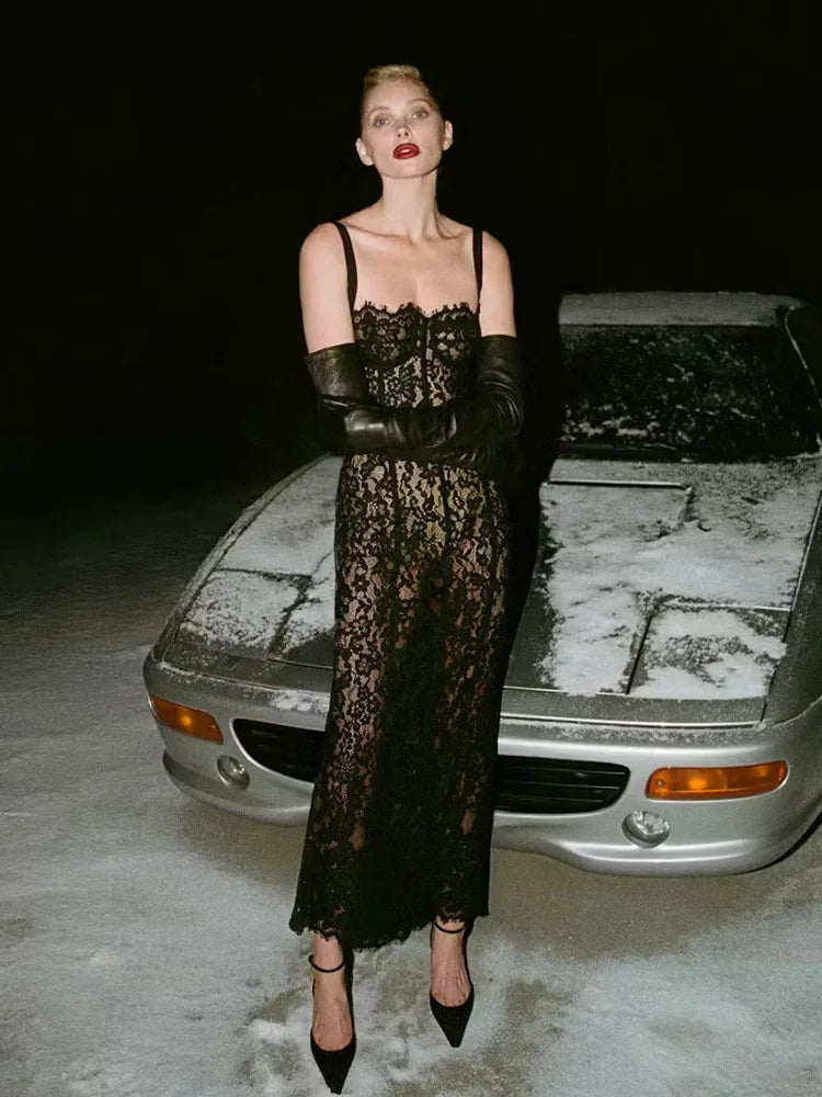 Sexy Spaghetti Strap V Neck Lace Long Dress Women Black Floral Lace Sleeveless Bodycon Dresses Elegant Evening Celebrity Party - Shellss